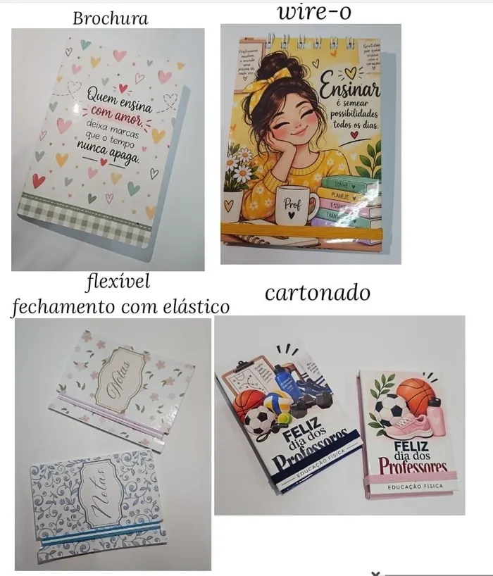Quatro modelos de bloquinhos finalizados: brochura, wire-o, fechamento com elástico e cartonado