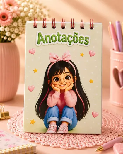Bloco de anotações com capa ilustrada e encadernação em espiral