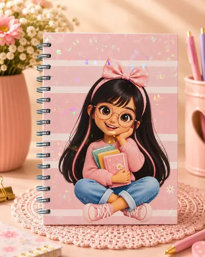 Caderno espiral rosa com capa da coleção de bonequinhas