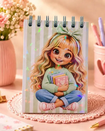 Bloquinho verde com espiral e páginas listradas em tons pastel